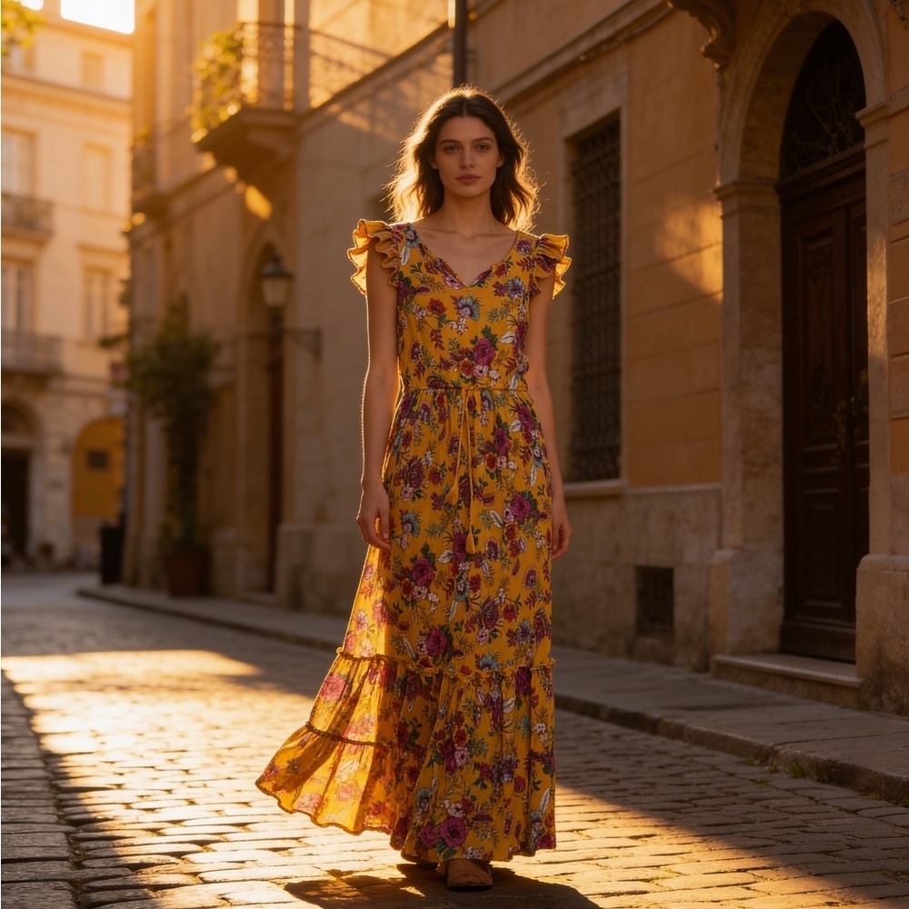 a.n.a Yellow Floral Maxi Dress with Ruffles